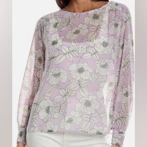 CAbi Poppy Floral Lavender Sheer Chiffon Blouse with Smocked Cuffs Spring Office